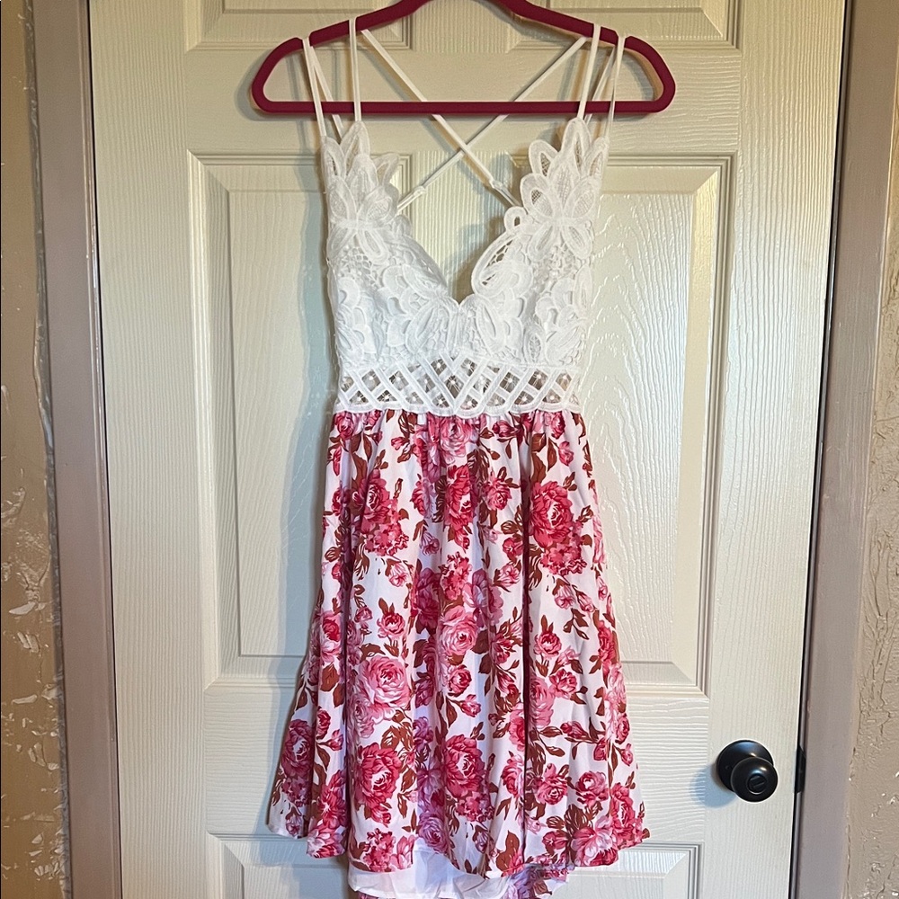 SHEIN White Lace Top Pink Rose Print Mini Dress